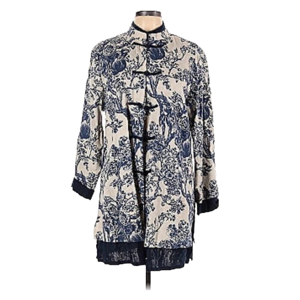 SOFT SURROUNDINGS COTTON/LINEN BLEND MANDARIN COLLAR KIMONO TUNIC NAVY Medium - Picture 2 of 10